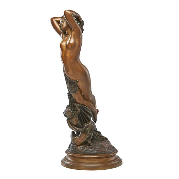 JOSEPH MICHEL-ANGE POLLET (French, 1815-1870): Bronze sculpture, "Une Heure de la Nuit"; Signed and titled, E. De Labroue foundry mark; 21" x 8" x 9"