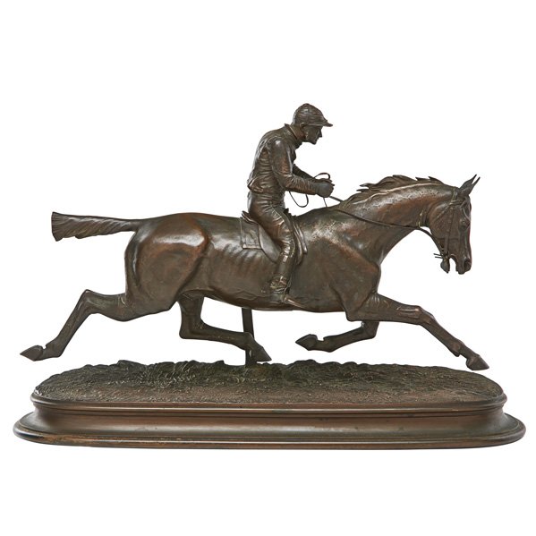 JULES BENNES (French, 19th c.): Bronze sculpture of a racehorse and jockey; Signed; 12 1/2" x 19" x 6 1/2"