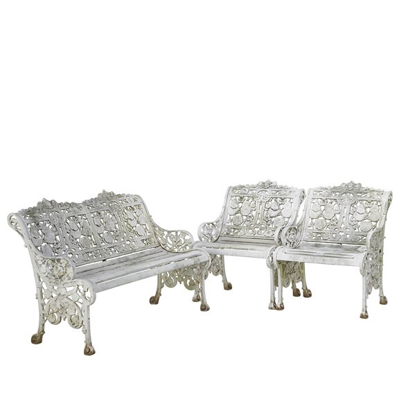 CAST IRON GARDEN SET: Settee and two chairs, outdoor patina, early 20th c.; Settee: 29" x 47" x 28"