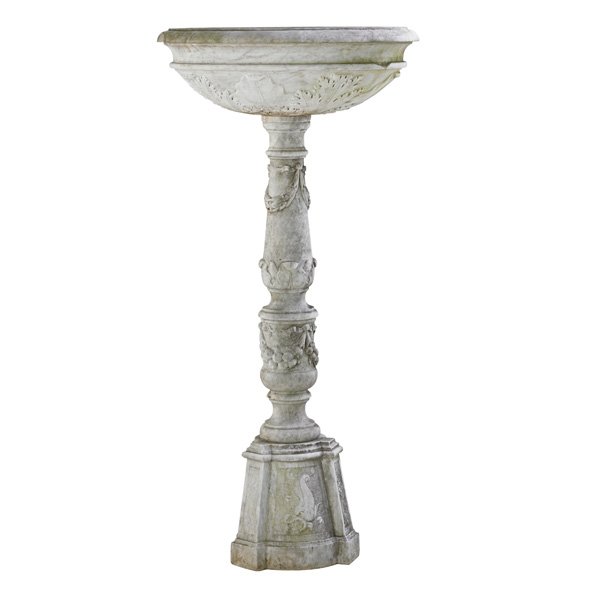 MARBLE BIRD BATH: Font and pedestal with foliate decoration, outdoor patina, 19th c.; 56 1/2" x 28" dia.