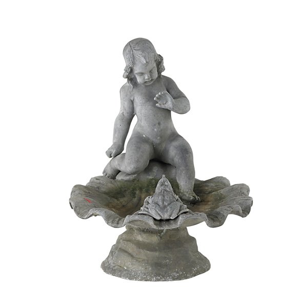LEAD SHELL FORM GARDEN FOUNTAIN: With infant and frog, 20th c.; 17" x 14 1/2"