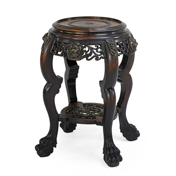 ASIAN TABOURET: Applied brass foo dogs, early 20th c.; 31 1/4" x 21"