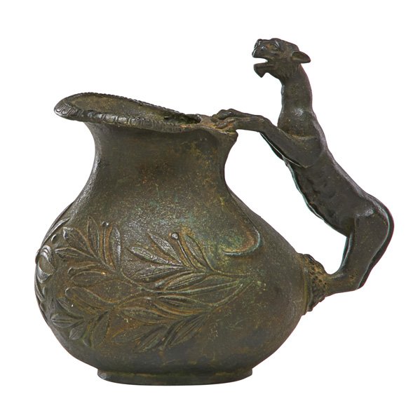 ARCHAIC BRONZE PITCHER: Figural leopard handle, floral and vine decoration, Late 19th c.; 7 3/4” x 7" x 5 1/2"