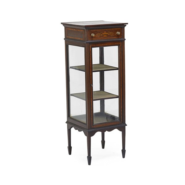 EDWARDIAN CURIO CABINET: Mahogany with line inlay, one drawer over one door, ca. 1905 ; 42" x 13 1/4" x 14 1/2"