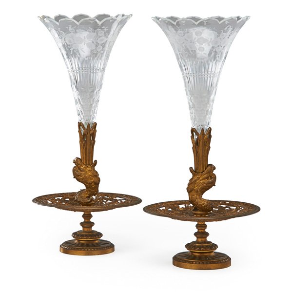 PAIR OF EUROPEAN EPERGNES: Trumpet form with cut glass inserts on bronze bases, 19th c.; 19"