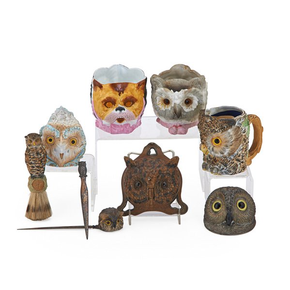 DECORATIVE OWL FIGURINES: Nine items, 19th/20th c.: two bisque fairy lamps, one marked KPM, bisque inkwell, bisque shaving mug, two letter holders, metal inkwell and Victorian dinner bell; Largest: 4" x 5"