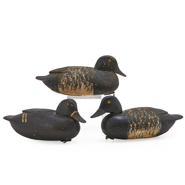 AMERICAN BLUE BILL DUCK DECOYS: Three, 20th c.; One with C.R. Marter (Reggie) Burlington, NJ metal tag; Largest: 14"