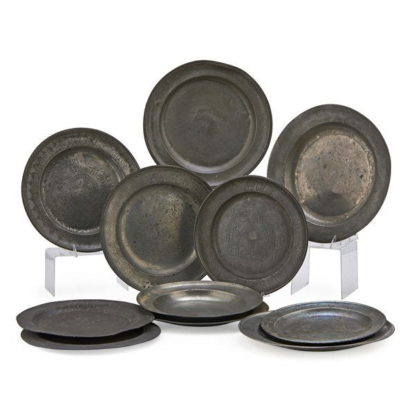 CONTINENTAL PEWTER: Eleven chargers or plates, 1755-1862; Some with inscriptions; Largest: 13 3/4"