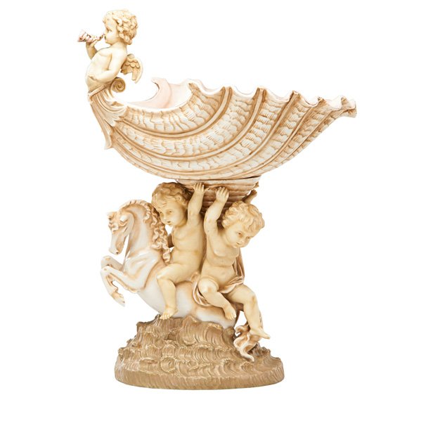 ROYAL RUDOLSTADT COMPOTE: Two-piece with shell shaped bowl on base with cherubs on a horse, early 20th c.; RW triangle mark; 17 3/8"
