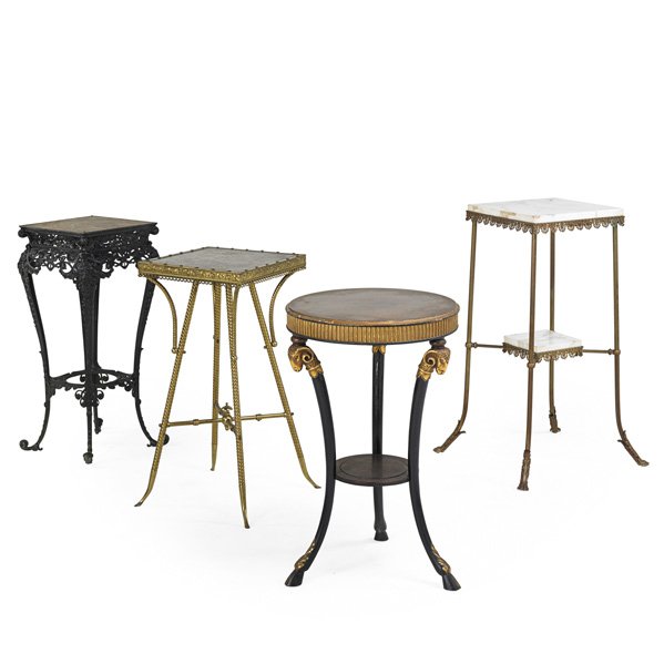 DECORATIVE TABLES: Four, 19th/20th c.: three with square tops and one round with ram's head decoration; Tallest: 33 1/2"