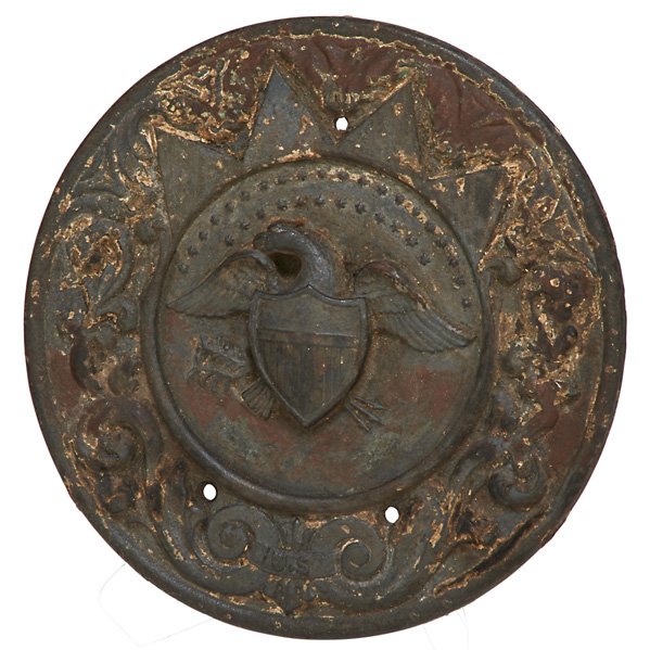 CAST IRON MILITARY PLAQUE: U.S. coat of arms beneath thirty-two stars, ca. 1860; 15" dia.