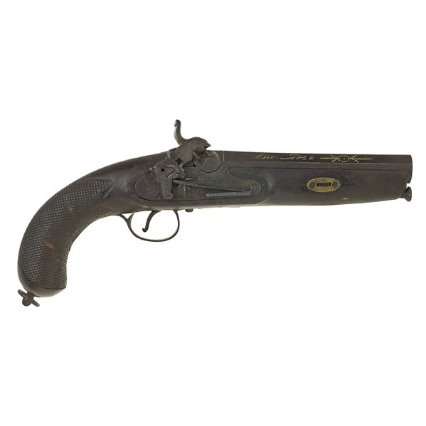 JOSE BEISTEGUI PISTOL: Spanish percussion cap with figural lion hammer; Silver inlay inscription reads "En Eybar por Jose Beistegui ano 1850"; 13"