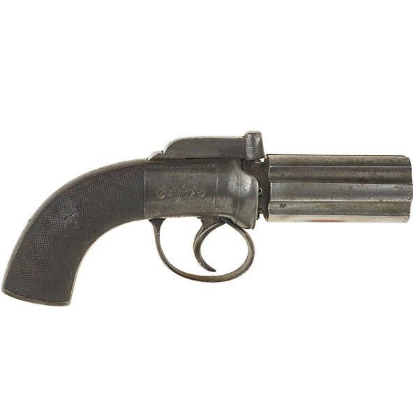 BRITISH PEPPERBOX: Percussion cap, rotating barrel, 19th c.; Birmingham proof marks; 8"