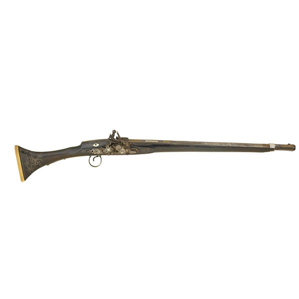 MIDDLE EASTERN SNAPHANCE: Gold and silver inlaid stock and barrel, engraved metalwork, 18th/19th c.; 30"