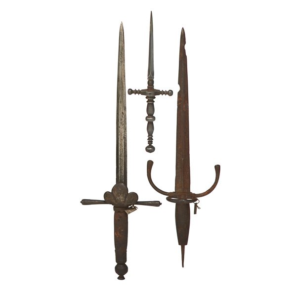 EUROPEAN DAGGERS: Three, 17th-19th c.: Italian stiletto, Spanish left hand and French parrying; 17th-19th c.; Longest: 14 1/2"