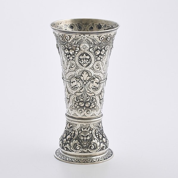 CONTINENTAL SILVER RENAISSANCE REVIVAL VASE: Waisted cylinder with mythological masks among fruit and strap ornaments, ca. 1900; 11 3/8" x 5 3/4"; 26.13 OT