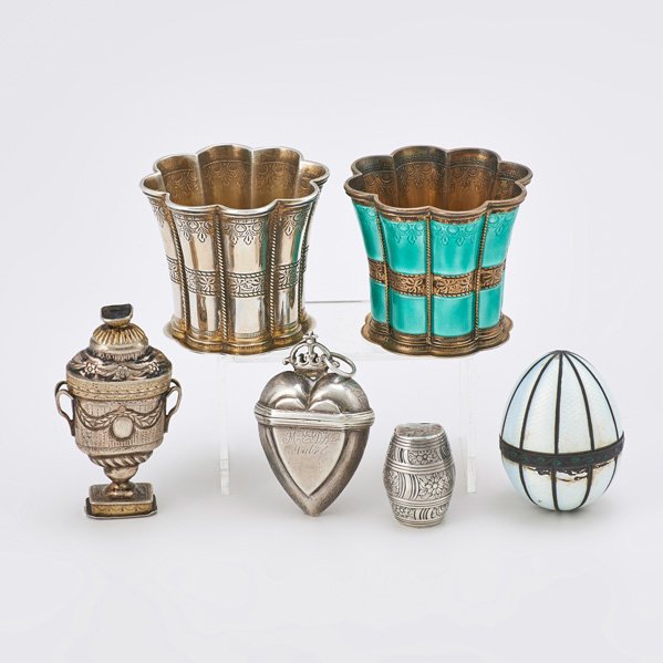 SIX DIMINUTIVE SILVER ACCESSORIES: Barrel-shaped nutmeg grater, possibly Sylvester Morris, NY, 1709-1783; Urn-form double snuff box in the Louis style, 3 1/8"; Crowned heart-shaped snuff box; Two Danish wedding cups, one enameled, A. M