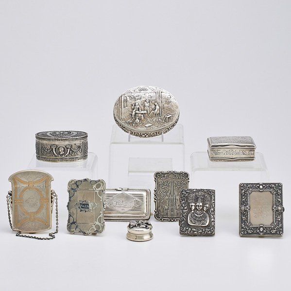 TEN SILVER BOXES OR CASES: French snuff box with incised decoration, indistinct maker mark; Two continental oval boxes; Indo-Persian figure and scroll chased cigarette case; Renaissance style cigarette case, William Kerr; Shieb