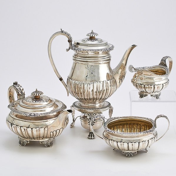 GEORGE III SILVER COFFEE SERVICE: Four bulbous vessels with 1/2 linen-fold reeding, applied rococo flourishes, scroll and paw bracket feet, kettle on stand with burner, 11 1/4", teapot, 11" across handle, open sugar bowl and cream pit