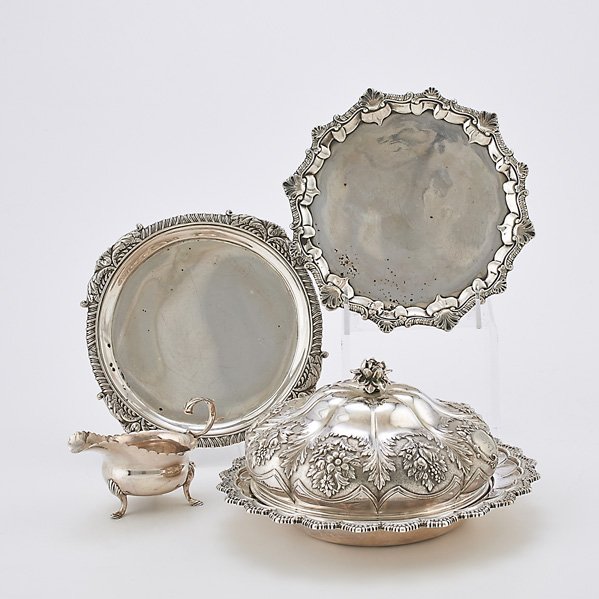 ANTIQUE ENGLISH STERLING: Four pieces; Georgian silver covered dish with dome lid depicting floral and fruit motif, with floral finial, London, 1828, Rebecca Emes and Edward Barnard; 8 3/4" x 5" (above finial); Sterling footed