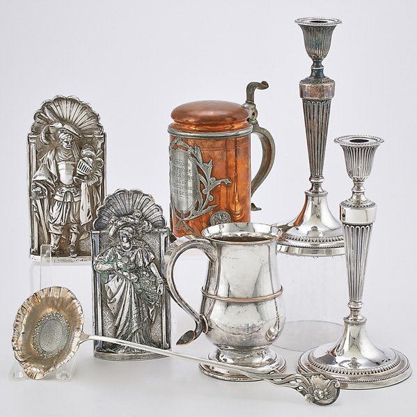 SEVEN SILVER PLATE AND MIXED METAL ITEMS: Pairpoint mixed copper and silver plate tankard, inscribed 1910, 7 1/2"; Pair of bookends embossed with Elizabethan male and female portraits, faux London marks, 8 1/2"; Poppy-shaped punch ladle with 