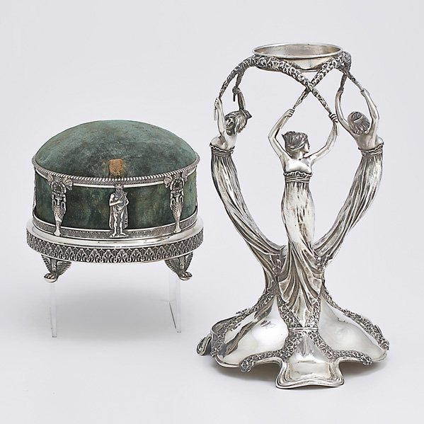 ORNAMENTAL CONTINENTAL SILVER: Wilkens & Sohne figural silver centerpiece stand in the Jugendstil style, depicts young women with flower garlands, 12 1/2"; Circular Neoclassical silver-framed velvet jewelry box, 7 1/2"; Ca. 1900; 5