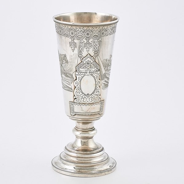 RUSSIAN IMPERIAL ERA ETCHED 84 SILVER VASE: Tapered above knopped column, two scenic reserves depict horse-drawn sled and peasant woman taking respite from tilling field to nurse, among typical Russian motifs, St. Petersburg, 1847-1898; Indisti