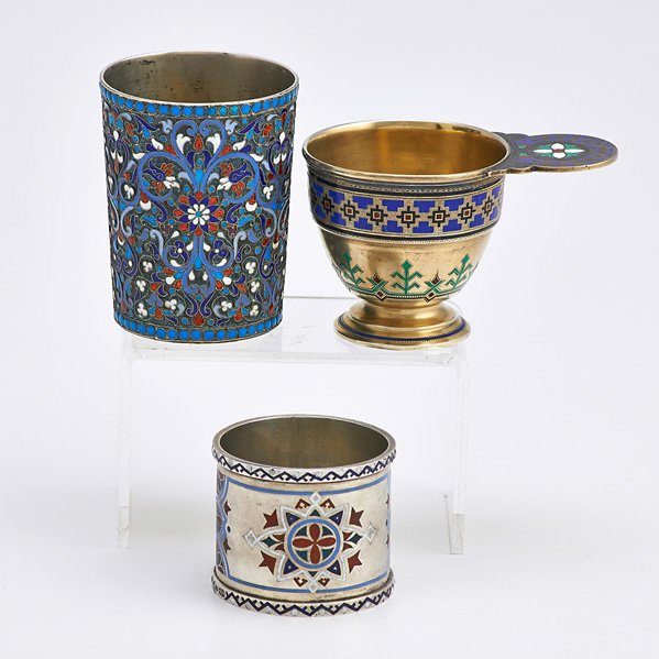 RUSSIAN ENAMELED IMPERIAL ERA SILVER: Champleve enameled punch cup, 88 standard, 1878, remarked; Champleve enameled napkin ring, 84 standard, indistinct maker; Gustav Klingert cloisonne enameled cup, 84 standard, Moscow, 1893; Tallest 2 5