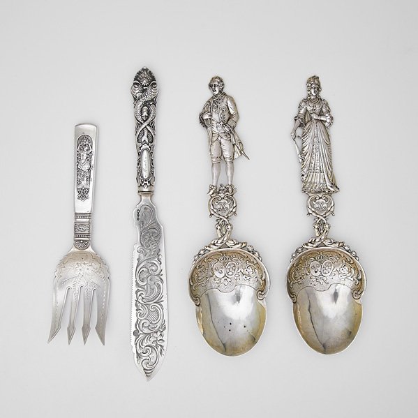 FOUR SILVER SERVING UTENSILS: Coin silver fish slice with engraved blade and fish motif handle, Albert Coles, New York, 1835-1875, 12"; Gorham "Fontainebleau" serving fork, 8 1/2"; Pair of French serving spoons, one depicting a la
