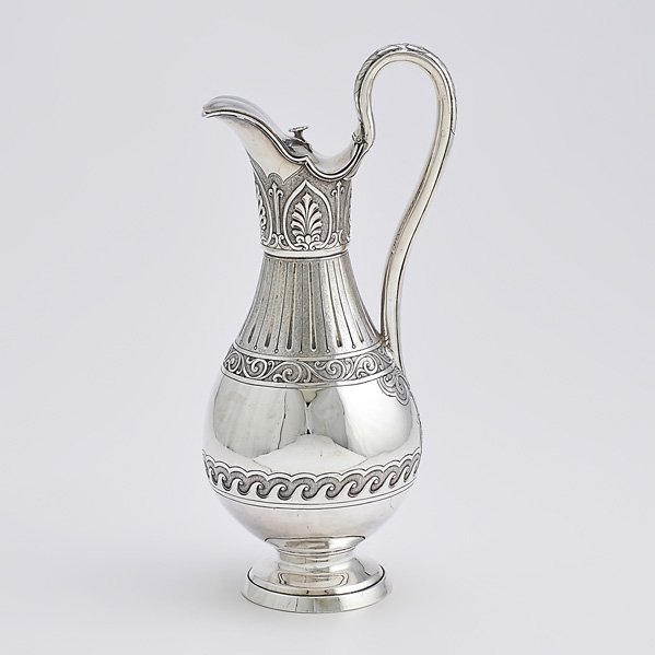 GEORGE III STERLING CLARET JUG: Classical urn form, raised and chased with Grecian motifs, flower finial on hinged lid, Benjamin Smith, London, 1834; 12"; 22.9 OT