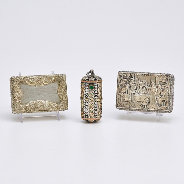 ENGLISH AND CONTINENTAL SILVER: Rectangular snuff box with floral borders, inscribed with poem "Come kindly Goddess of the Indian Shore...", Nathaniel Mills, Birmingham, 1832; Rectangular snuff box with Elizabethan embossed scenic l