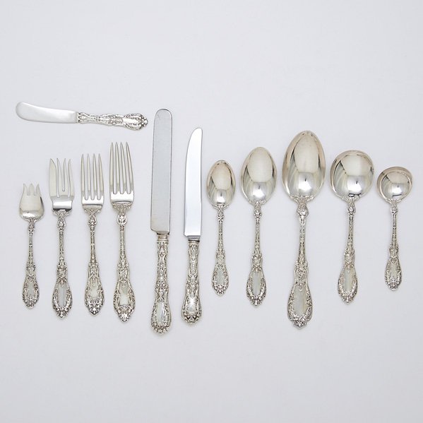 GORHAM "PARIS" STERLING FLATWARE SERVICE: Partial service for twelve with extras: (12) forks, 7 1/2"; (11) forks, 7"; (12) cake/salad forks, 7"; (12) ice cream forks, 5 1/4"; (23) dessert or small bullion spoons, 5 1/2"; (12) oval soup spoons