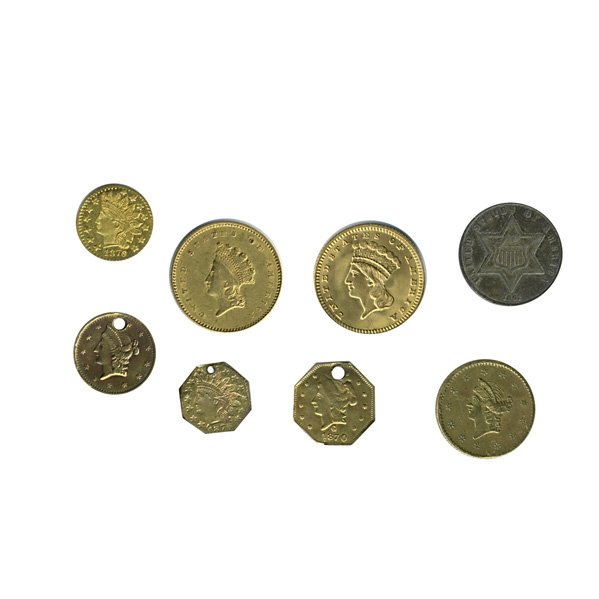 U.S. GOLD AND SILVER COINS: Eight pieces including: 1889 $1.00 gold in high grade, 1854 $1.00 gold, 4 California gold tokens, etc.