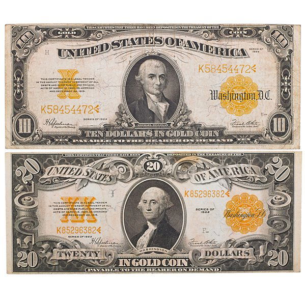 U.S. GOLD NOTES: Two: FR-173 $10.00 and a FR-1187 $20.00 in high grade