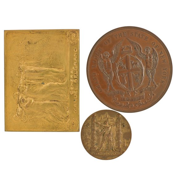 MILITARY, RAILROAD, AND MASONIC INTEREST MEDALS: Twenty-nine pieces including: 1927 Ohio Railroad Company 100th anniversary, Czechoslovakia WWII freedom, Grand Masonic Lodge of the State of New York 1889 Gorham bronze; Largest: 4 1/2"