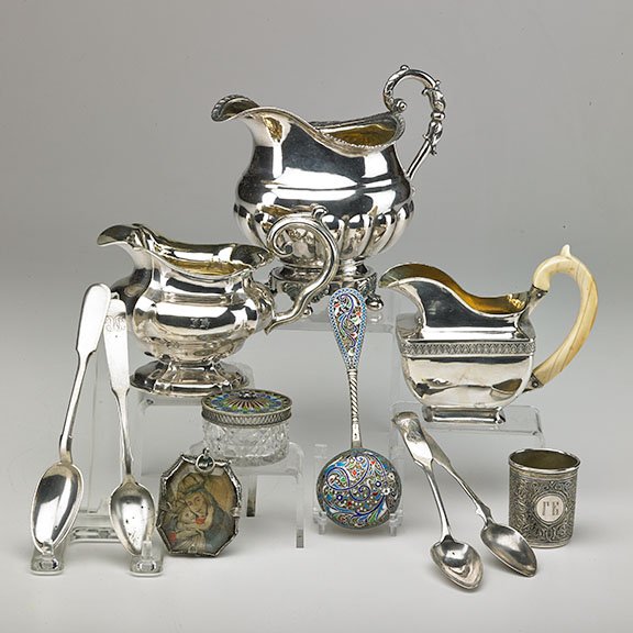 ELEVEN RUSSIAN AND CONTINENTAL SILVER ITEMS: Fine silver and plique a jour enamel and cut crystal jar, unmarked, 2 1/8"; Russian 84 silver cream pitcher with ivory handle, rectangular with palmette banding, Moscow, 1837, maker indistinct; Footed