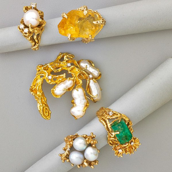 ARTHUR KING AND OTHER FREEFORM GOLD JEWELRY: 18k gold and baroque pearl ring with diamonds by Arthur King, size 4 1/4; 18k gold and emerald specimen ring with diamonds, size 6; 14k gold and citrine crystal ring, size 5; 14k gold and baroque pear