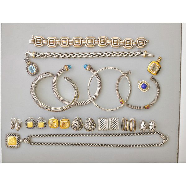 SILVER JEWELRY, TIFFANY, JOHN HARDY, DAVID YURMAN: Tiffany & Co. includes link bracelet and lapis cabochon ring, both with 18k yg. twist wire accents. John Hardy includes: 18k gold trimmed Naja cuff; Square pendant and earrings with hammered 18k gold;