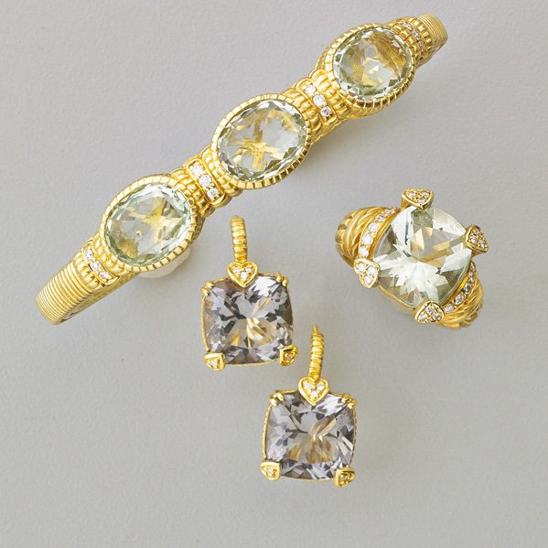 JUDITH RIPKA GEMSET 18K GOLD JEWELRY: Textured matte gold with quartz and diamond accents: Three-stone cushion cut green amethyst bracelet; Umber quartz cushion earrings; Green amethyst ring. Ca. 2000. Size 6 1/2. 39.9 dwt.