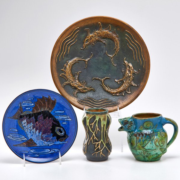 AMPHORA; MAX LEVERRIER; BARON BARNSTAPLE: Four sea-themed pieces,early 20th c.: Amphora vase decorated with seaweed motif; Max LeVerrier bronze footed plate decorated with three fish; Baron Barnstaple plate decorated fish and pitcher with fis