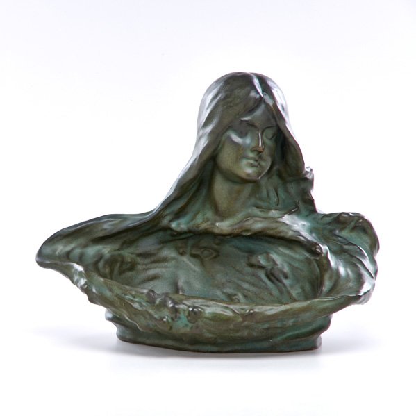 RIESSNER & KESSEL; AMPHORA: Fates" centerpiece bowl with maiden, Turn-Teplitz, Bohemia, ca. 1905; Impressed Amphora/1265/3; 13" x 16 1/4" x 8 1/2