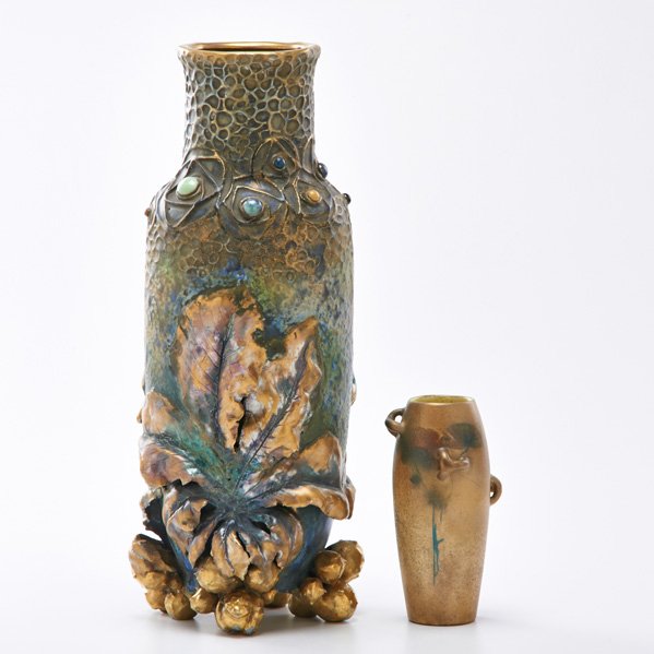 AMPHORA; CLEMENT MASSIER: Amphora Gres Bijou vase embellished with cabochons and decorated with chestnuts and Clement Massier four-handled Japonesque vase with painted floral decoration, Bohemia and France, ca. 1900; Both mark