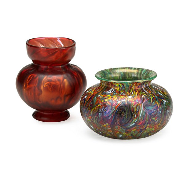 LOETZ, ETC.: Two glass cabinet vases, taller by Loetz; Shorter marked Czechoslovakia; Taller: 4"