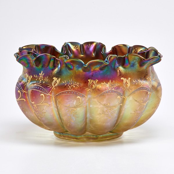 LOETZ: Iridescent, ruffled rim glass bowl, Austria, 20th c.; Unmarked; 6" x 10 1/4" dia.