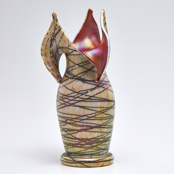 STYLE OF LOETZ: Glass vase with pointed, sectioned rim and threading, 20th c.; Unmarked; 12 1/2" x 5 1/4" dia.