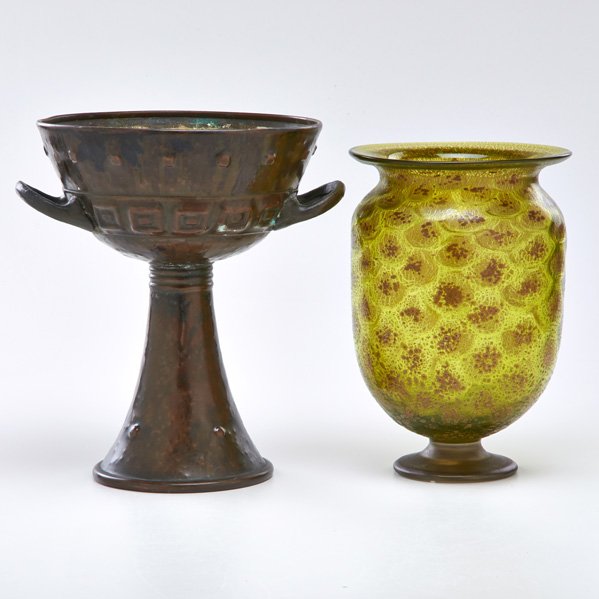 MOSER; ETC.: Moser yellow glass vase with mottled brown overlay, together with hammered copper two-handled footed vessel, first quarter 20th c.; Vase signed; Taller: 11"