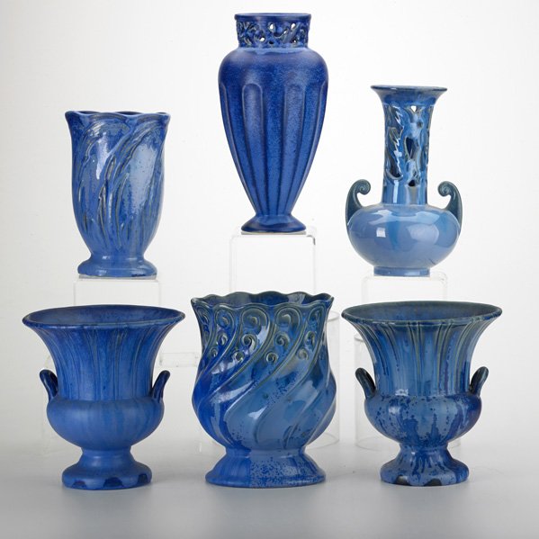 FULPER: Six vases, Flemington, NJ, ca. 1928-1935; Glazed earthenware, three in Blue Crystalline glaze; Horizontal, die-stamped marks; Tallest: 10 1/4"