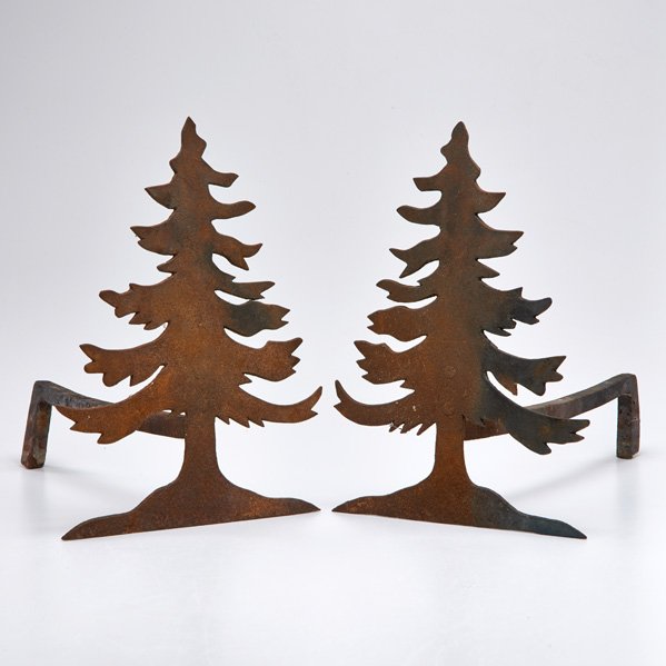 ANDIRONS: Pair, fir tree-shaped, 20th c.; Iron; Both unmarked; Each: 14" x 10" x 14"