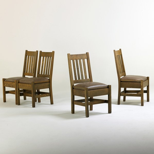 STICKLEY BROTHERS: Set of four dining chairs, Grand Rapids, MI, ca. 1910; Each: 38" x 20" x 17 3/4"