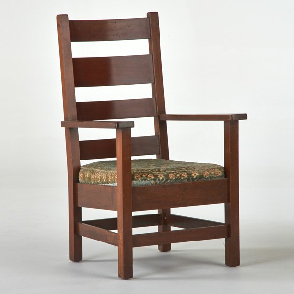 STICKLEY BROTHERS: Highback upholstered mahogany armchair, ca. 1915; Unmarked; 41 1/2" 25 1/2" x 24"